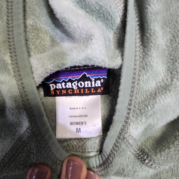 Patagonia Fleece Synchilla Pullover Hoodie Womans Size M Green Pink Pocket - Picture 3 of 8
